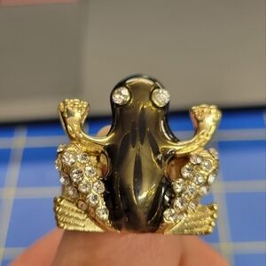 Frog Rhinestone Silver Tone Adjustable Ring